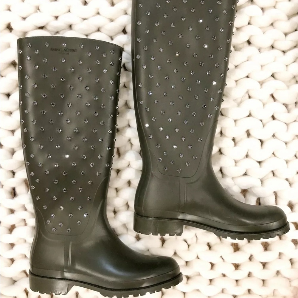 YSL Yves Saint Laurent Studded Green Rain Boots